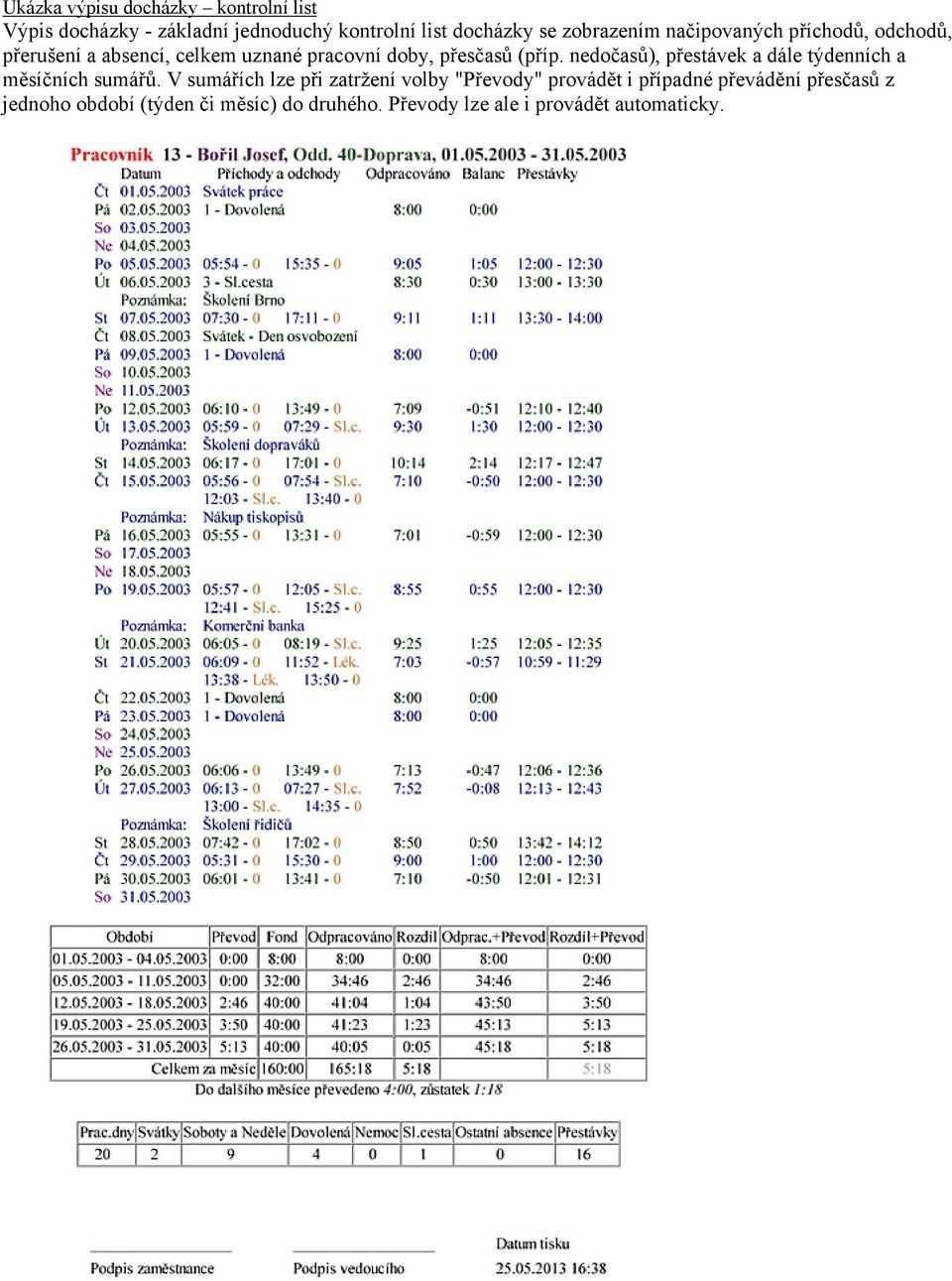 nedočasů), přestávek a dále týdenních a měsíčních sumářů.