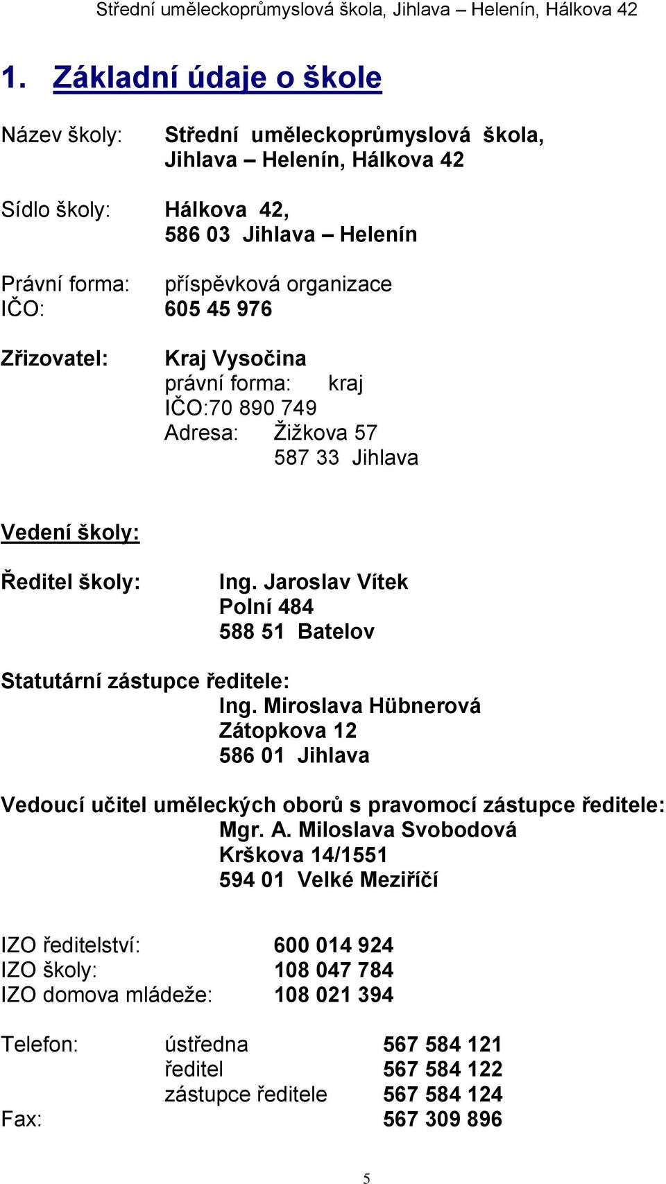 Jaroslav Vítek Polní 484 588 51 Batelov Statutární zástupce ředitele: Ing. Miroslava Hübnerová Zátopkova 12 586 01 Jihlava Vedoucí učitel uměleckých oborů s pravomocí zástupce ředitele: Mgr.