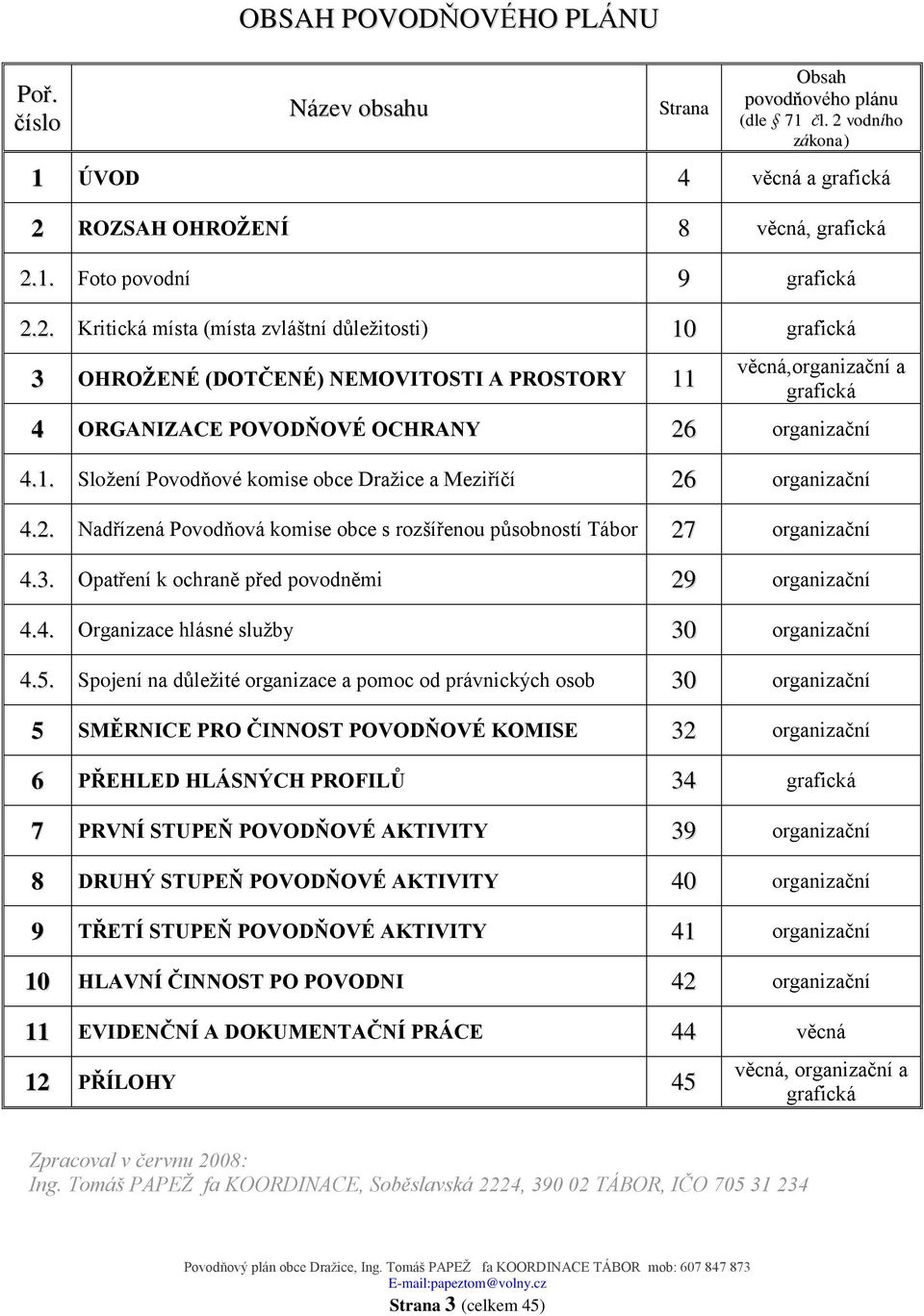 2. Nadřízená Povodňová komise obce s rozšířenou působností Tábor 27 organizační 4.3. Opatření k ochraně před povodněmi 29 organizační 4.4. Organizace hlásné služby 30 organizační 4.5.