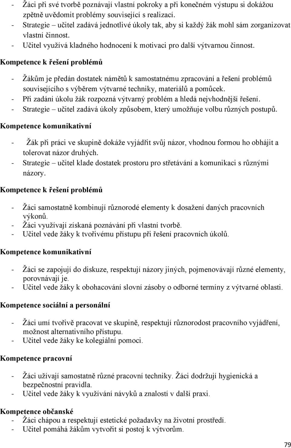 Kompetence k řešení problémů - Žákům je předán dostatek námětů k samostatnému zpracování a řešení problémů souvisejícího s výběrem výtvarné techniky, materiálů a pomůcek.