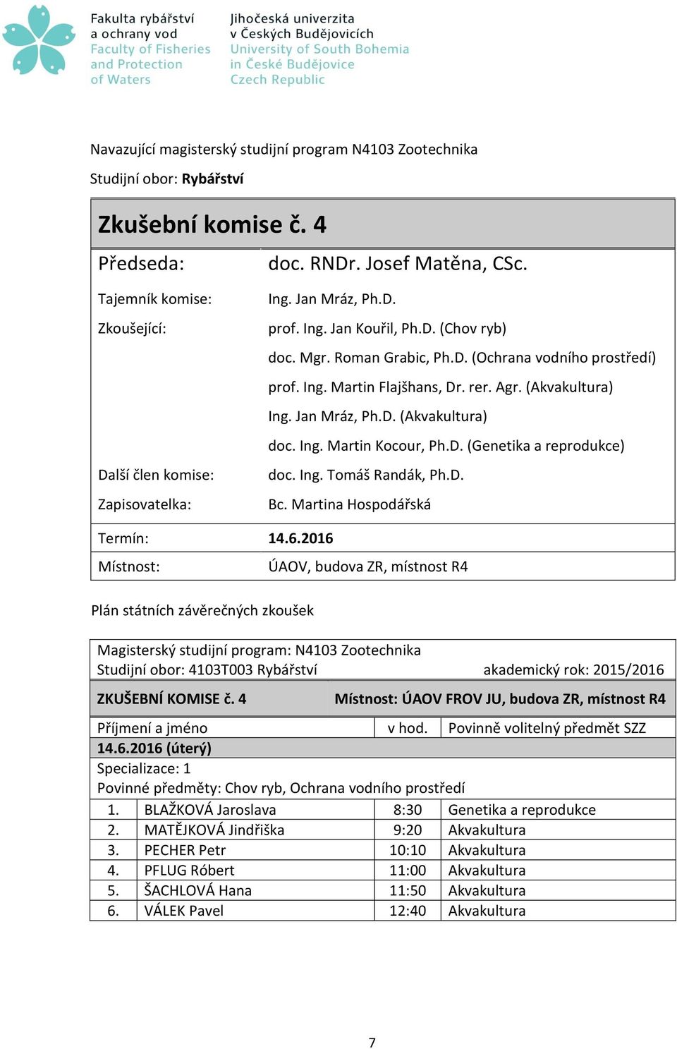 Ing. Tomáš Randák, Ph.D. Termín: 14.6.2016 Magisterský studijní program: N4103 Zootechnika Studijní obor: 4103T003 Rybářství akademický rok: 2015/2016 ZKUŠEBNÍ KOMISE č.