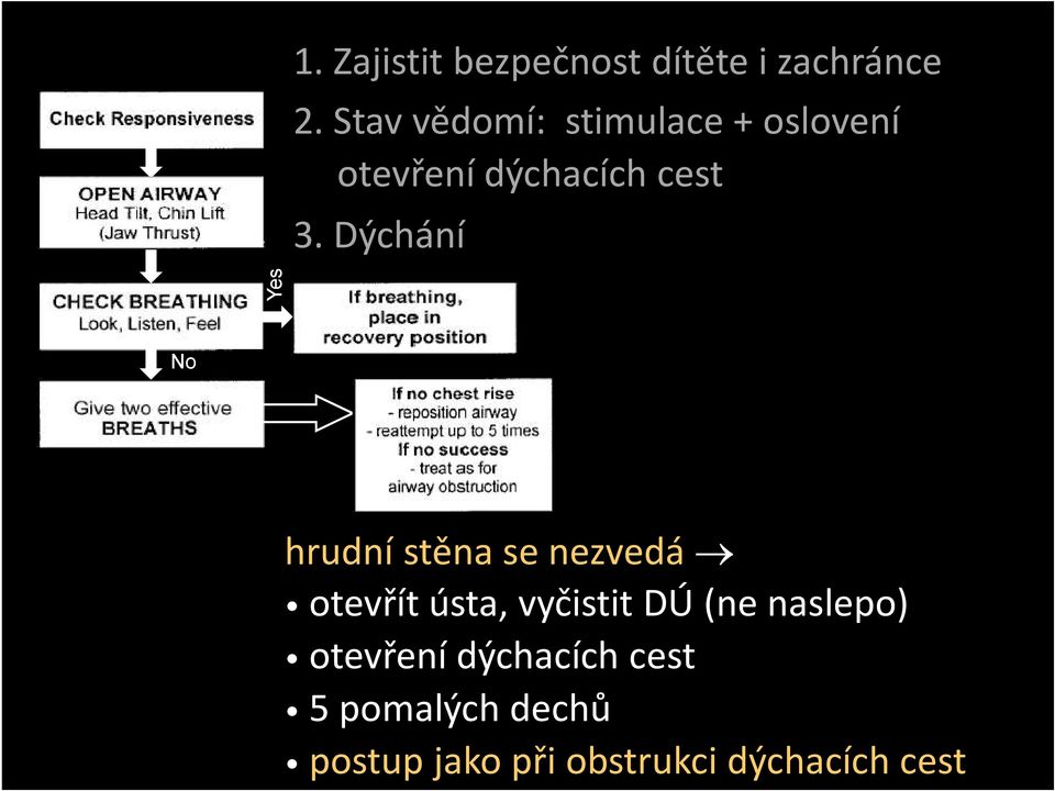 Dýchání Yes No hrudní stěna se nezvedá otevřít ústa, vyčistit DÚ