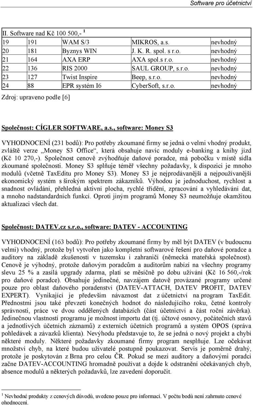 stém I6 CyberSoft, s.r.o. nevhodný Zdroj: upraveno podle [6] Společnost: CÍGLER SOFTWARE, a.s., software: Money S3 VYHODNOCENÍ (231 bodů): Pro potřeby zkoumané firmy se jedná o velmi vhodný produkt,