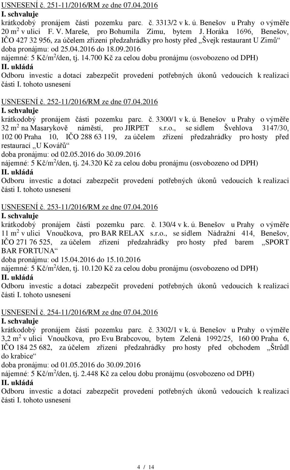 700 Kč za celou dobu pronájmu (osvobozeno od DPH) USNESENÍ č. 252-11/2016/RM ze dne 07.04.2016 krátkodobý pronájem části pozemku parc. č. 3300/1 v k. ú.