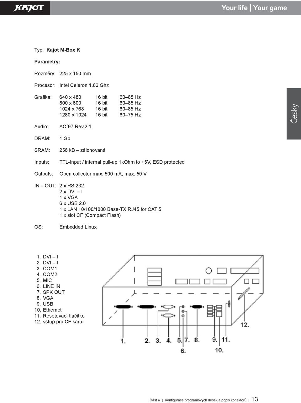 x 768 16 bit 60 85 Hz 1280 x 1024 16 bit 60 75 Hz Audio: AC 97 Rev.2.1 Česky Dram: Sram: Inputs: Outputs: 1 Gb 256 kb zálohovaná TTL-Input / internal pull-up 1kOhm to +5V, ESD protected Open collector max.