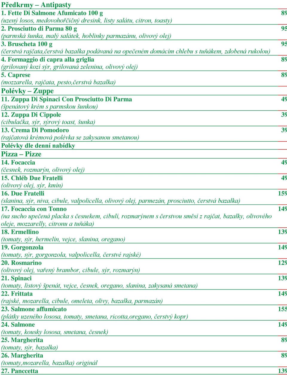 Bruscheta 100 g 95 (čerstvá rajčata,čerstvá bazalka podávaná na opečeném domácím chlebu s tuňákem, zdobená rukolou) 4.