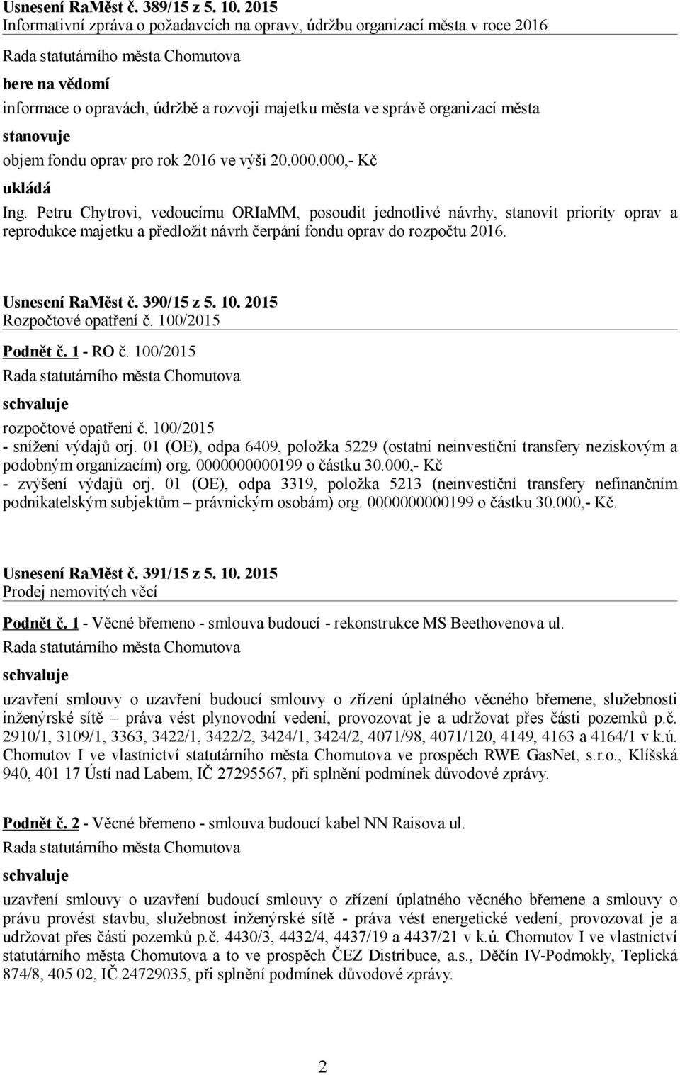 fondu oprav pro rok 2016 ve výši 20.000.000,- Kč ukládá Ing.