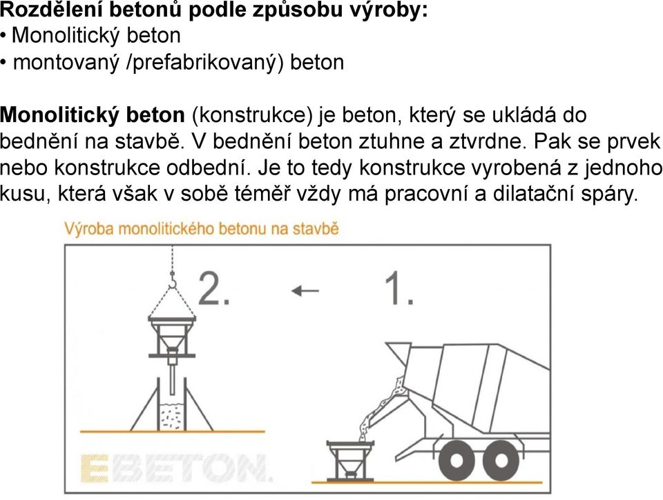 V bednění beton ztuhne a ztvrdne. Pak se prvek nebo konstrukce odbední.