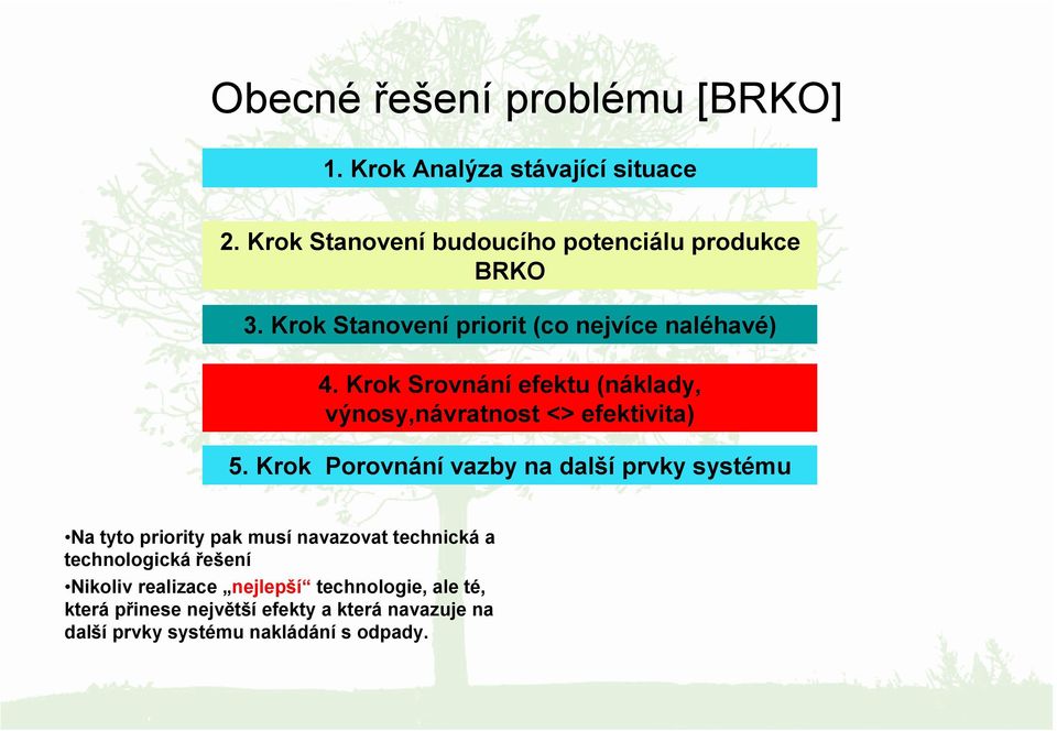 Krok Porovnání vazby na další prvky systému Na tyto priority pak musí navazovat technická a technologická řešení Nikoliv