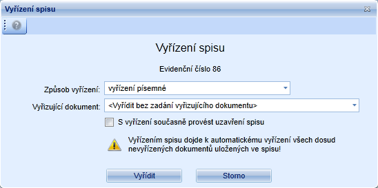 Ikony panelu nástrojů: Změna údajů spisu editace spisu. Provádí změnu existujícího spisu. Je povoleno, pokud je označen řádek seznamu a funkční místo uživatele je vlastníkem spisu.