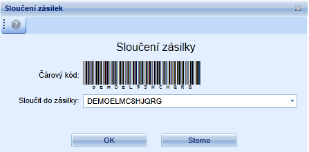 Sloučit zásilky provádí sloučení zásilek (vložení zásilky do jiné již existující zásilky).