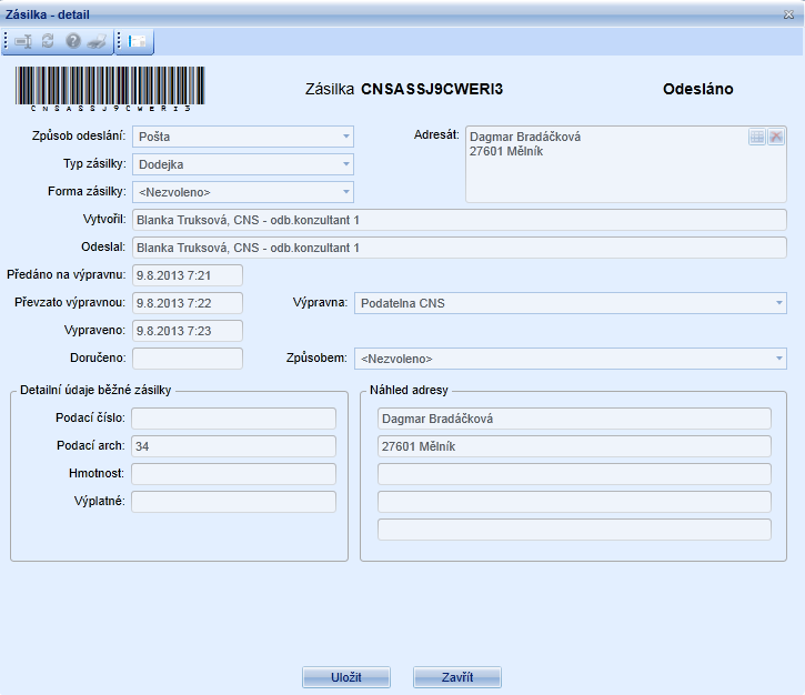 Čárový kód čárový kód zásilky v prezentační podobě (vykreslený čárový kód). Adresát adresát zásilky. Způsob odeslání způsob jakým je zásilka odeslána (např. Pošta, Datová schránka...). Typ zásilky typ zásilky (např.