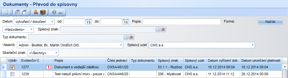 9.1.7.1 Převod dokumentů Výběr dokumentů pro převod do spisovny.