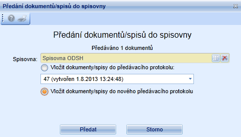 o V poli Spisovna je z číselníku spisoven vybrána ta, do které mají být dokumenty předány.