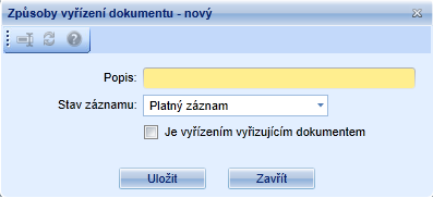 Popis Vyřizující dokument (zaškrtávací pole) - pokud je zaškrtnuto, je způsob použitelný pouze při vyřizování propárovaných dokumentů (tzn. tento způsob vyřízení bude použitelný např.