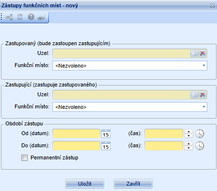 Sloupce seznamu: Od - datum zahájení zástupu. Do - datum ukončení zástupu. Zastupovaný - název funkčního místa, jež je zastupováno. Zastupující - název funkčního místa, které bude provádět zástup.