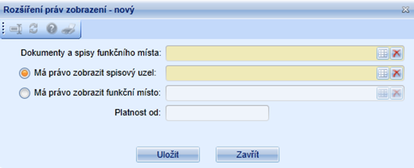 Ve formuláři je použit následující filtr: Funkční místo umožňuje vybrat konkrétní funkční místo a vyhledat pro něj nastavená rozšířená práva zobrazení Sloupce seznamu: - Smí zobrazit spisový uzel.