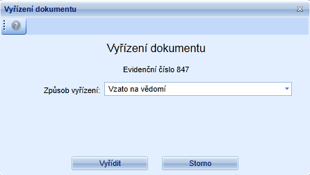 Evidenční číslo dokumentu. v případě nastavení čárových kódů, se zde zobrazuje identifikátor čárového kódu. Volba jakým způsobem má být dokument vyřízen (VIZ ADMINISTRACE ČÍSELNÍKY ZPŮSOB VYŘÍZENÍ).