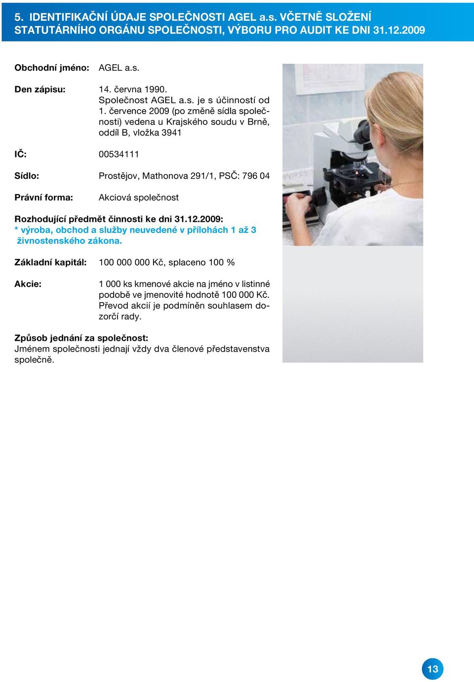 července 2009 (po změně sídla společnosti) vedena u Krajského soudu v Brně, oddíl B, vložka 3941 IČ: 00534111 Sídlo: Prostějov, Mathonova 291/1, PSČ: 796 04 Právní forma: Akciová společnost