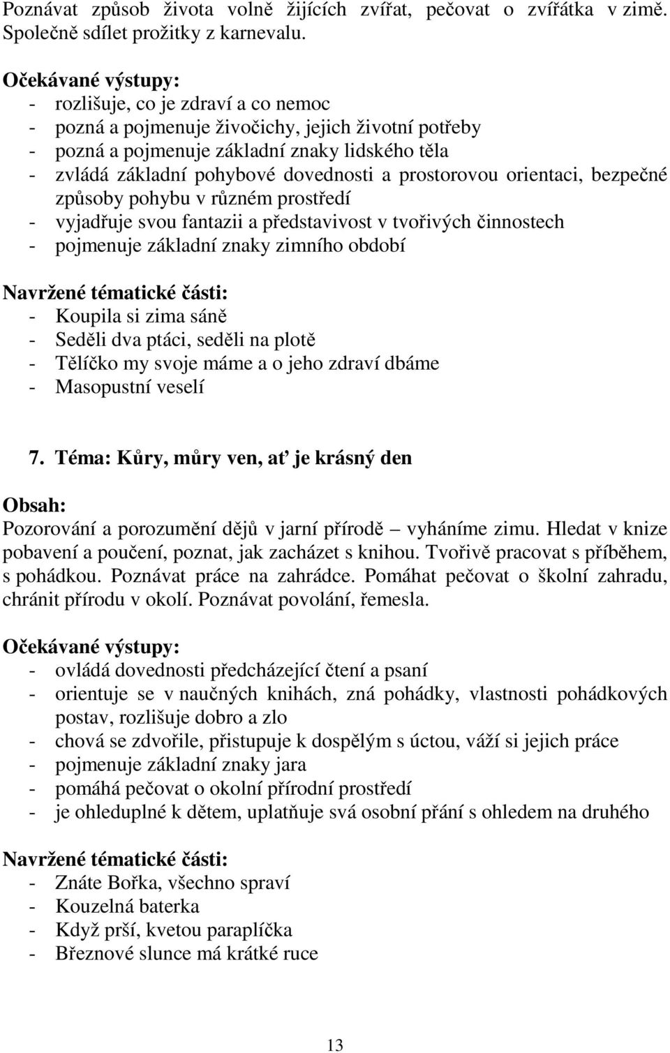 prostorovou orientaci, bezpečné způsoby pohybu v různém prostředí - vyjadřuje svou fantazii a představivost v tvořivých činnostech - pojmenuje základní znaky zimního období Navržené tématické části: