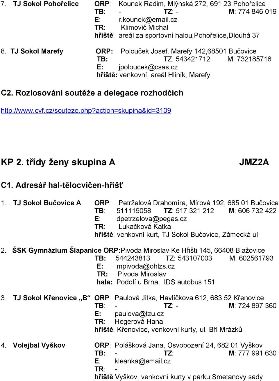 action=skupina&id=3109 KP 2. třídy ženy skupina A JMZ2A 1. TJ Sokol Bučovice A ORP: Petrželová Drahomíra, Mírová 192, 685 01 Bučovice TB: 511119058 TZ: 517 321 212 M: 606 732 422 E: dpetrzelova@pegas.