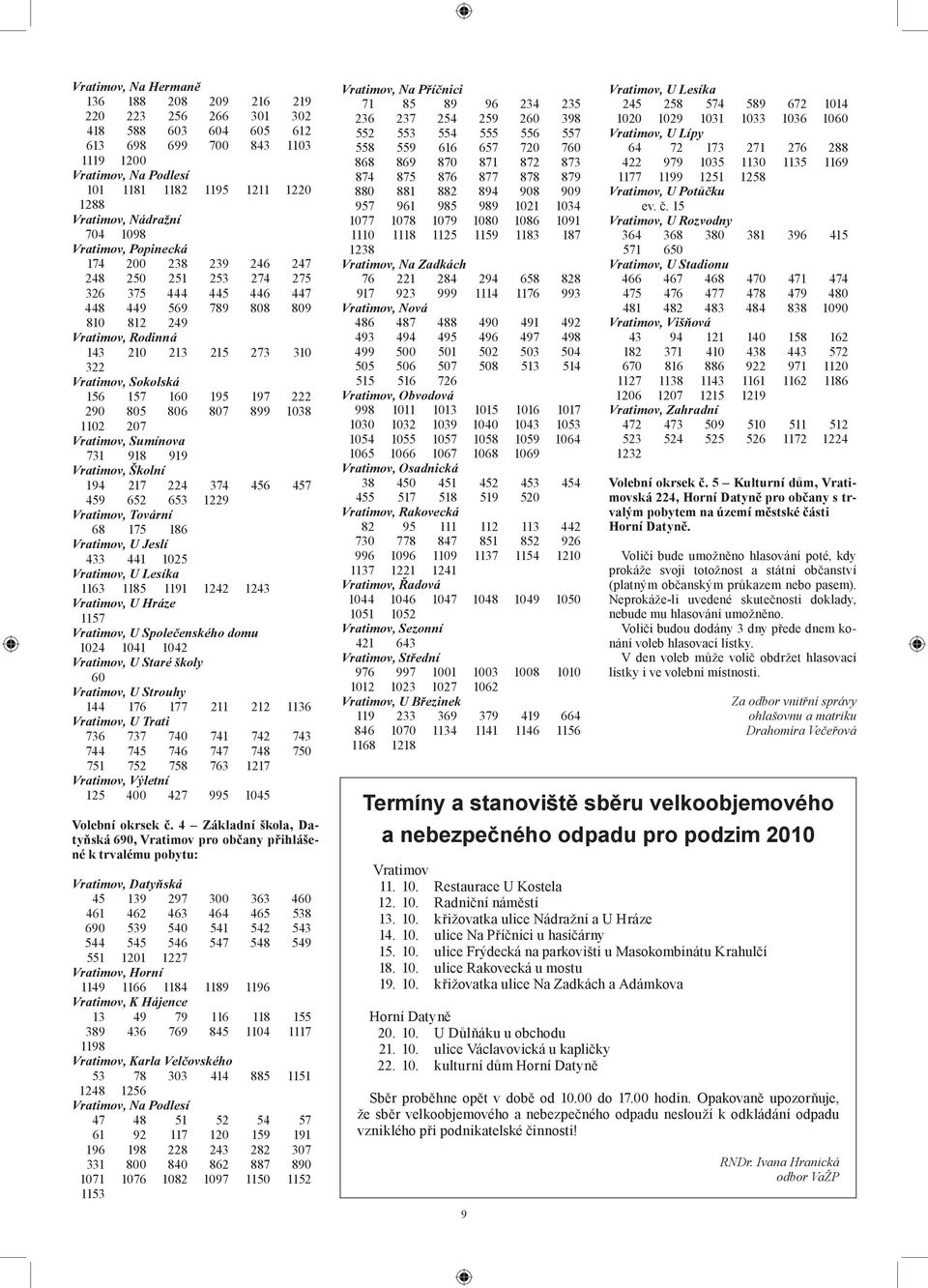 Vratimov, Sokolská 156 157 160 195 197 222 290 805 806 807 899 1038 1102 207 Vratimov, Sumínova 731 918 919 Vratimov, Školní 194 217 224 374 456 457 459 652 653 1229 Vratimov, Tovární 68 175 186