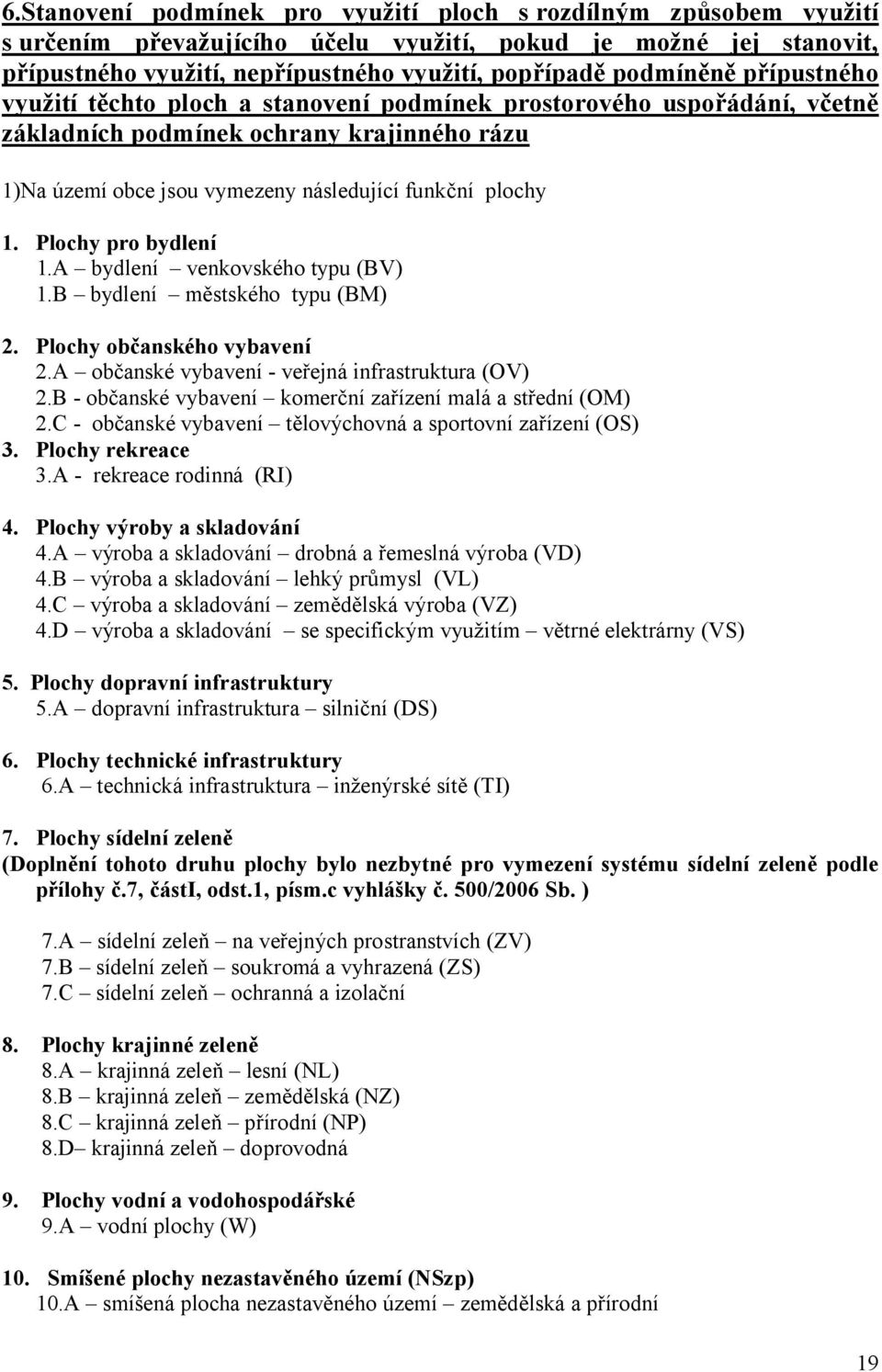 Plochy pro bydlení 1.A bydlení venkovského typu (BV) 1.B bydlení městského typu (BM) 2. Plochy občanského vybavení 2.A občanské vybavení - veřejná infrastruktura (OV) 2.