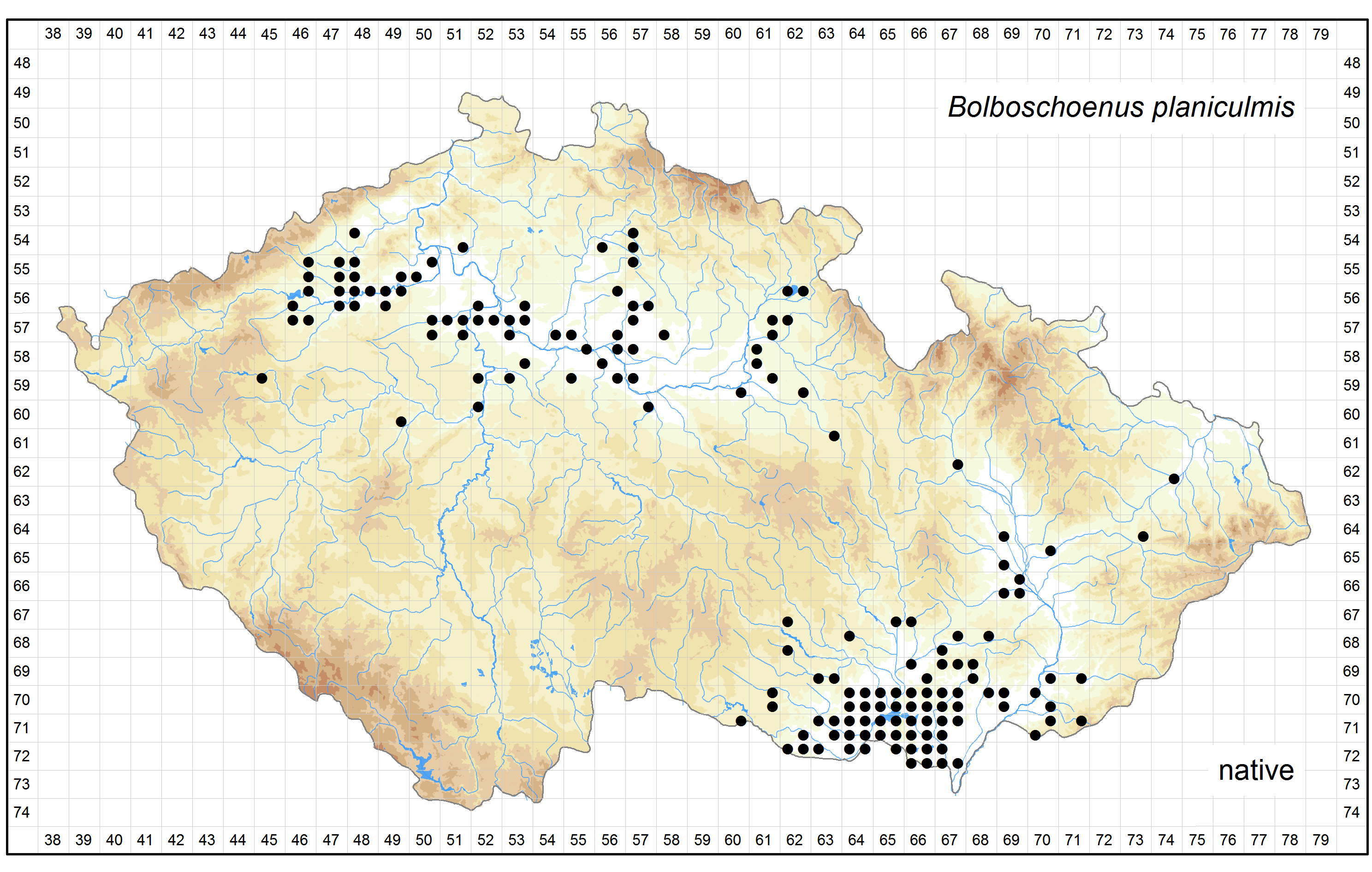 Distribution of Bolboschoenus planiculmis in the Czech Republic Author of the map: Michal Ducháček, Zdenka Hroudová Map produced on: 18-11-2015 Database records used for producing the distribution