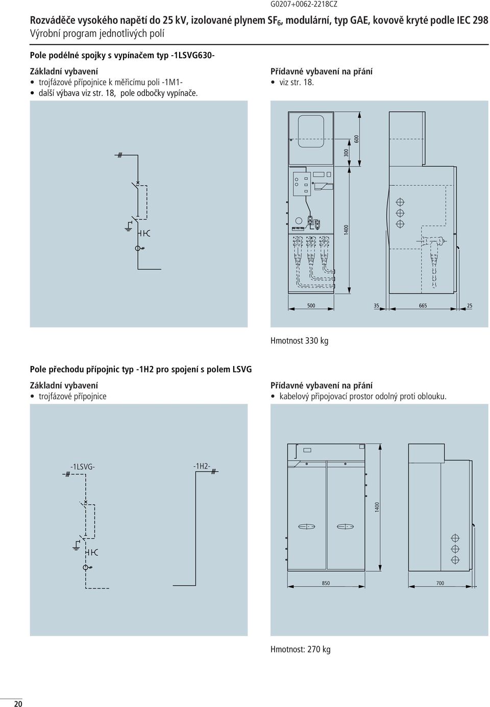 18. Hmotnost 330 kg Pole přechodu přípojnic typ -1H2 pro spojení s polem LSVG Základní vybavení trojfázové přípojnice