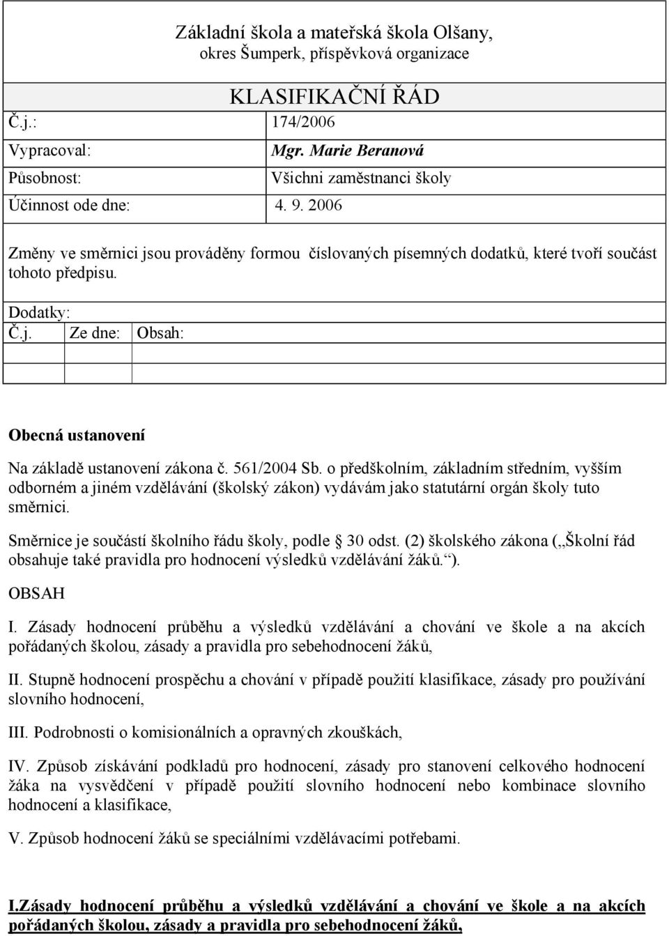 561/2004 Sb. o předškolním, základním středním, vyšším odborném a jiném vzdělávání (školský zákon) vydávám jako statutární orgán školy tuto směrnici.