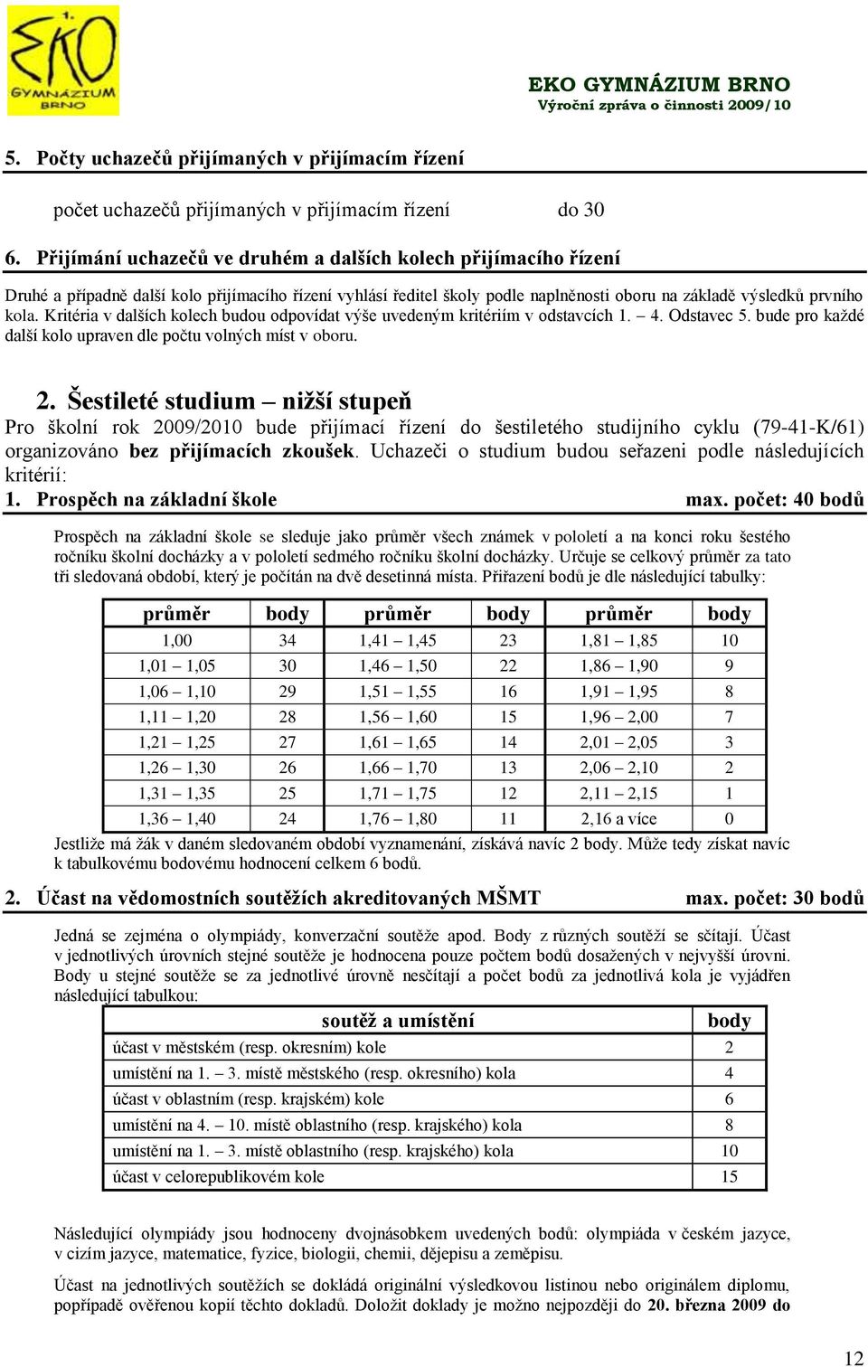 Kritéria v dalších kolech budou odpovídat výše uvedeným kritériím v odstavcích 1.. Odstavec 5. bude pro kaţdé další kolo upraven dle počtu volných míst v oboru.