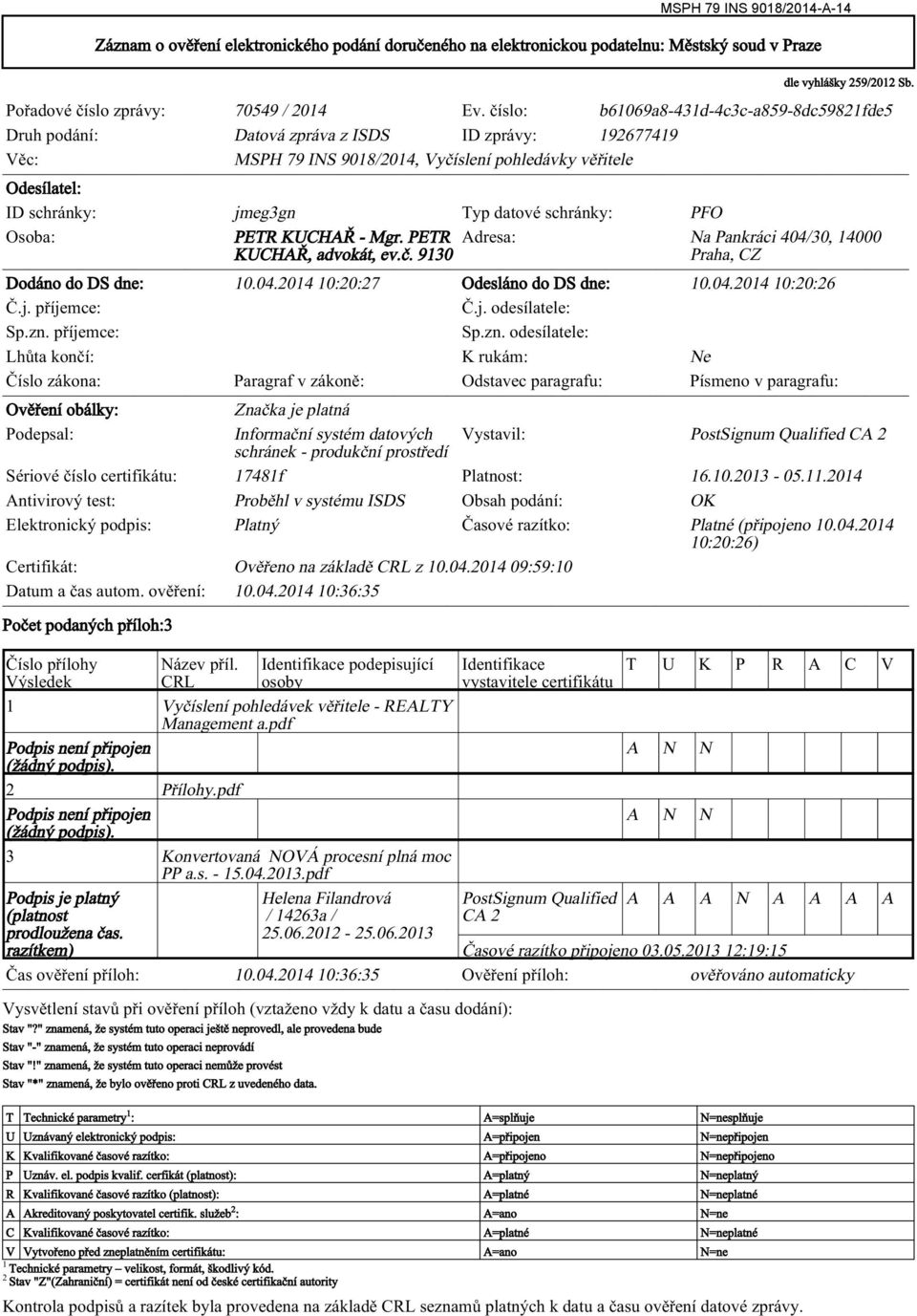 datové schránky: PFO Osoba: PETR KUCHAŘ - Mgr. PETR Adresa: Na Pankráci 404/30, 14000 KUCHAŘ, advokát, ev.č. 9130 Praha, CZ Dodáno do DS dne: 10.04.2014 10:20:27 Odesláno do DS dne: 10.04.2014 10:20:26 Č.