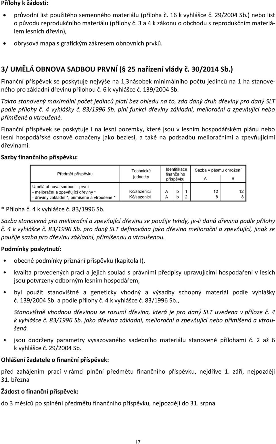 ) Finanční příspěvek se poskytuje nejvýše na 1,3násobek minimálního počtu jedinců na 1 ha stanoveného pro základní dřevinu přílohou č. 6 k vyhlášce č. 139/2004 Sb.