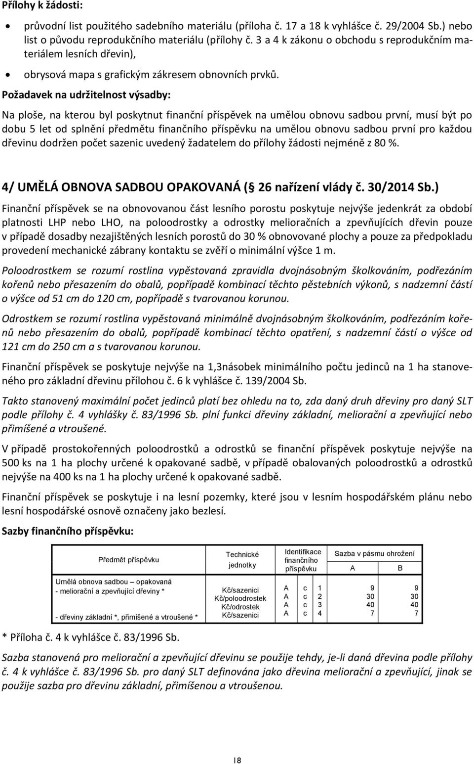 Požadavek na udržitelnost výsadby: Na ploše, na kterou byl poskytnut finanční příspěvek na umělou obnovu sadbou první, musí být po dobu 5 let od splnění předmětu na umělou obnovu sadbou první pro