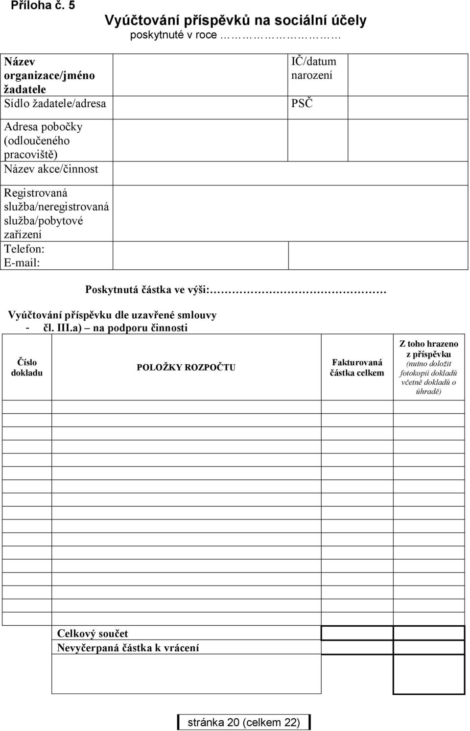 pobočky (odloučeného pracoviště) Název akce/činnost Registrovaná služba/neregistrovaná služba/pobytové zařízení Telefon: E-mail: Poskytnutá částka