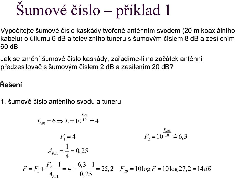 Jak se změní šumové číslo kaskády, zařadíme-li na začátek anténní předzesilovač s šumovým číslem db a zesílením