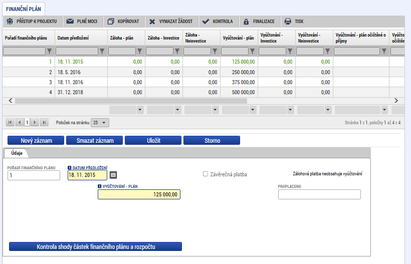 IS KP14+ automaticky u řádku finančního plánu, který má nejpozdější Datum předložení, vyznačuje checkbox Závěrečná platba.