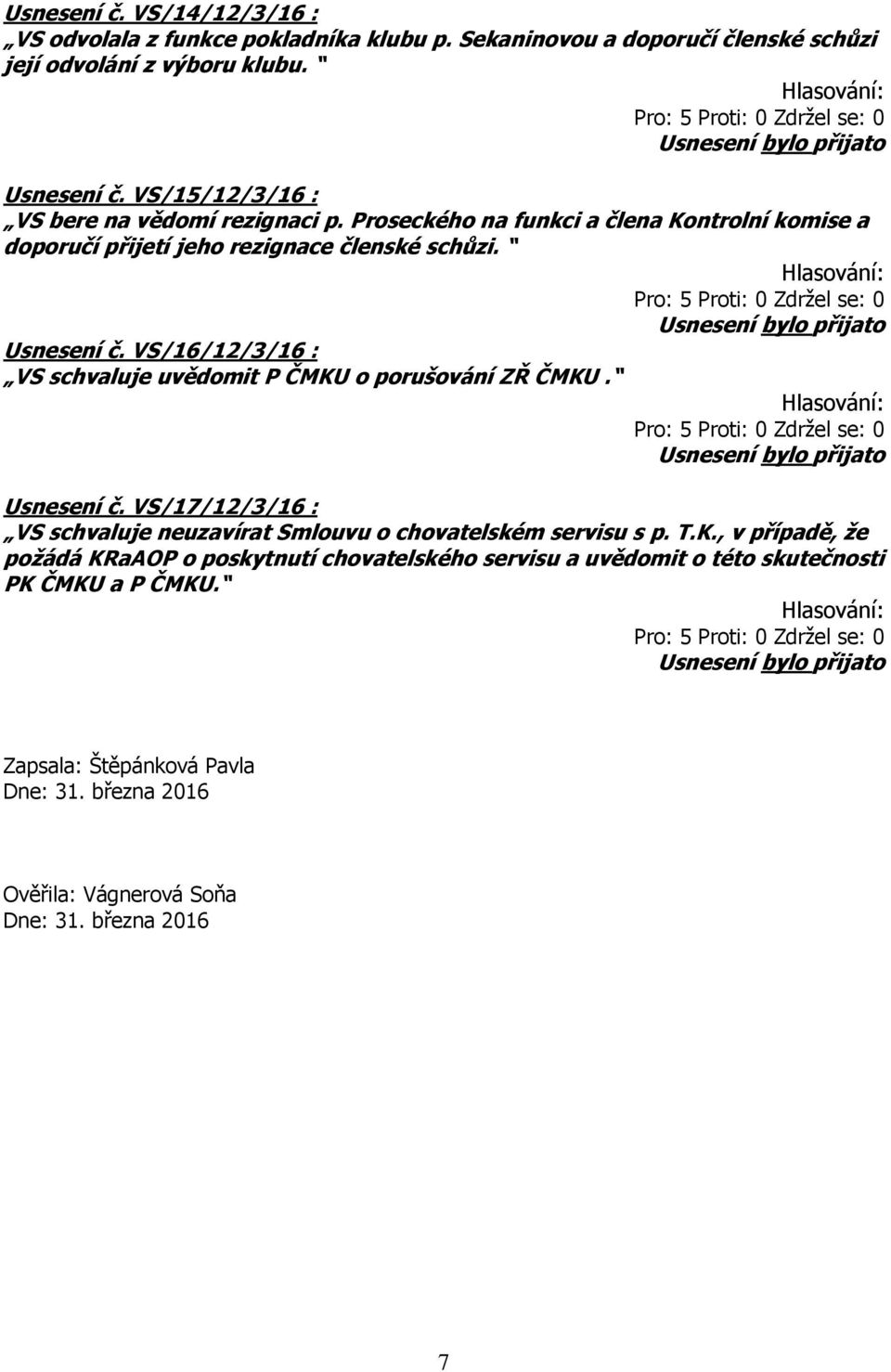 VS/16/12/3/16 : VS schvaluje uvědomit P ČMKU o porušování ZŘ ČMKU. Usnesení č. VS/17/12/3/16 : VS schvaluje neuzavírat Smlouvu o chovatelském servisu s p. T.K., v případě, že požádá KRaAOP o poskytnutí chovatelského servisu a uvědomit o této skutečnosti PK ČMKU a P ČMKU.