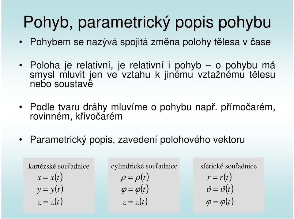 např. přímočarém, rovinném, křivočarém Parametrický popis, zavedení polohového vektoru kartézské souřadnice x = x y = y z