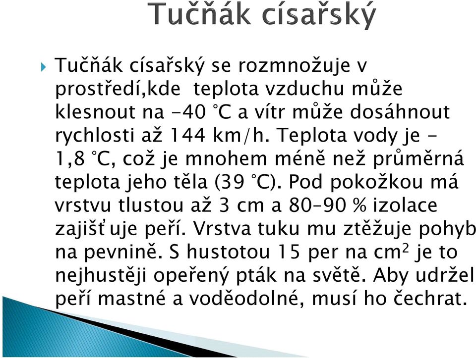 Pod pokožkou má vrstvu tlustou až 3cm a 80 90% izolace zajišťuje peří. Vrstva tuku mu ztěžuje pohyb na pevnině.