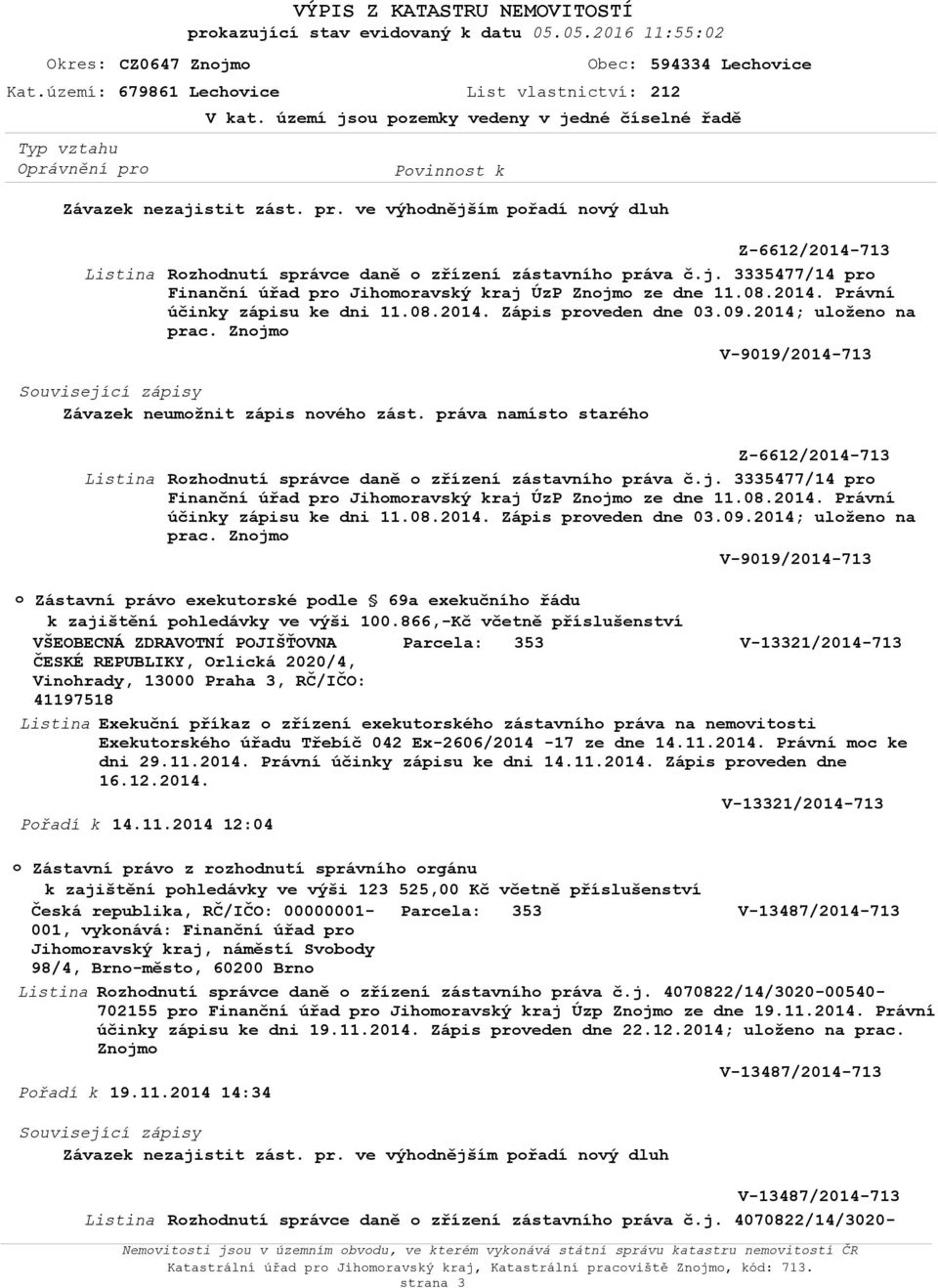 08.2014. Právní účinky zápisu ke dni 11.08.2014. Zápis prveden dne 03.09.2014; ulžen na prac. Znjm V-9019/2014-713 Zástavní práv exekutrské pdle 69a exekučníh řádu k zajištění phledávky ve výši 100.