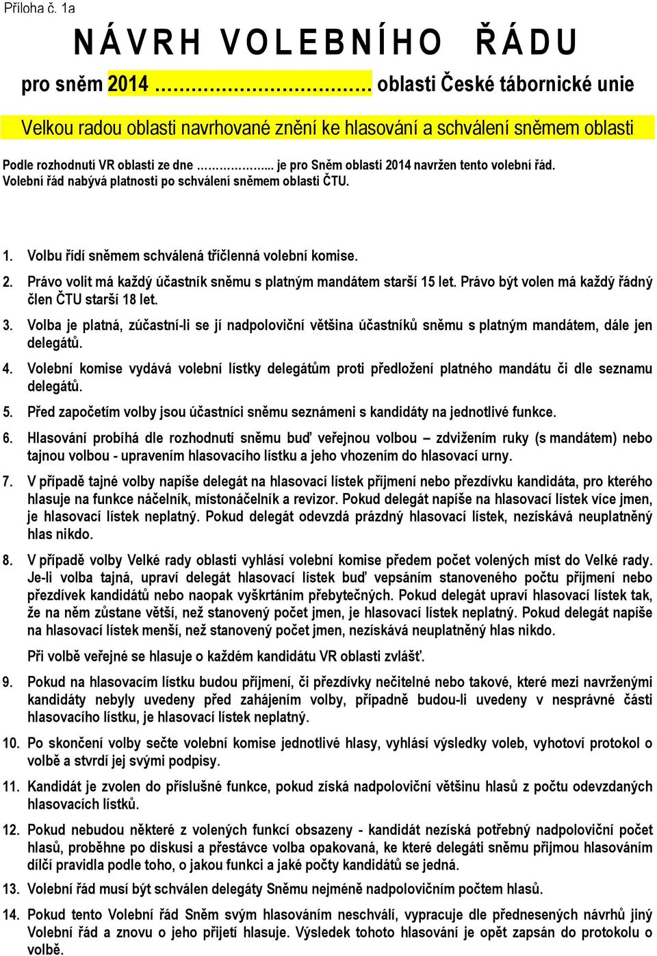 .. je pro Sněm oblasti 2014 navržen tento volební řád. Volební řád nabývá platnosti po schválení sněmem oblasti ČTU. 1. Volbu řídí sněmem schválená tříná volební komise. 2. Právo volit má každý účastník sněmu s platným mandátem starší 15 let.