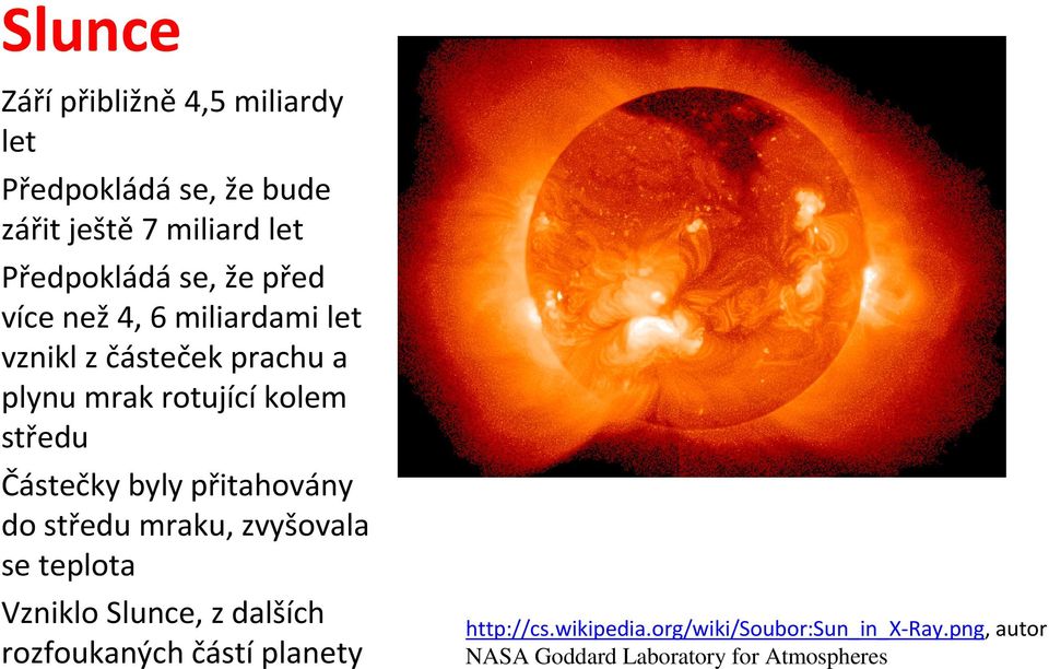 Částečky byly přitahovány do středu mraku, zvyšovala se teplota Vzniklo Slunce, z dalších rozfoukaných