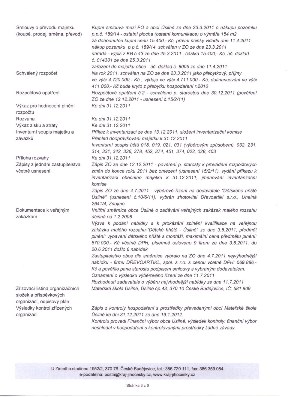 zřízených organizací Kupnf smlouva mezi FO a obcí Úsilné ze dne 23.3.2011 o nákupu pozemku p.p.č. 189/14 - ostatní plocha (ostatní komunikace) o výměfe 154 m2 za dohodnutou kupnf cenu 15.