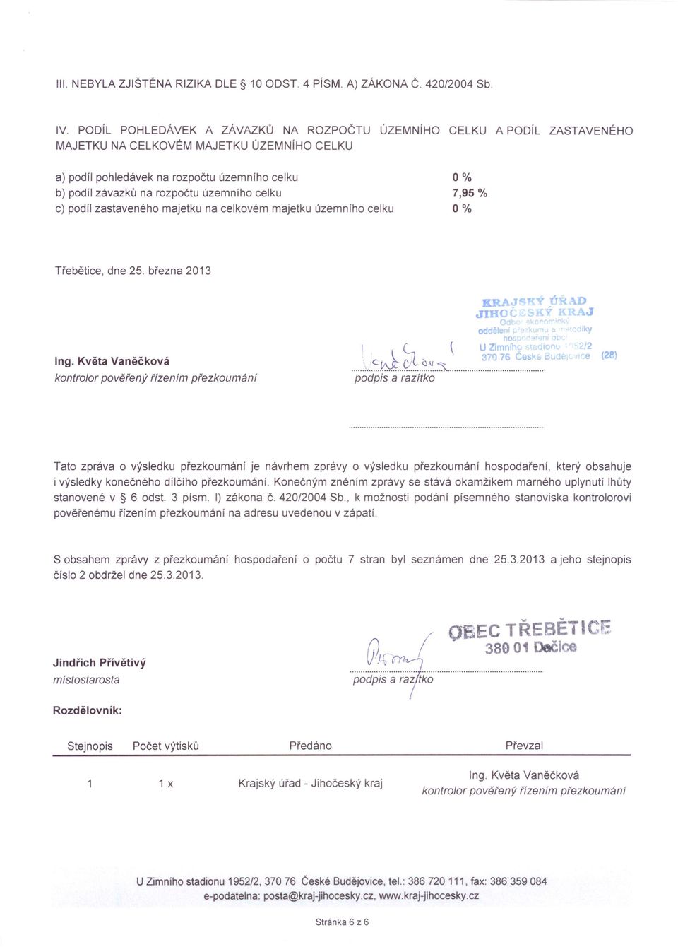 územního celku c) podíl zastaveného majetku na celkovém majetku územního celku 0% 7,95 % 0% Třebětice, dne 25. března 2013 Ing.