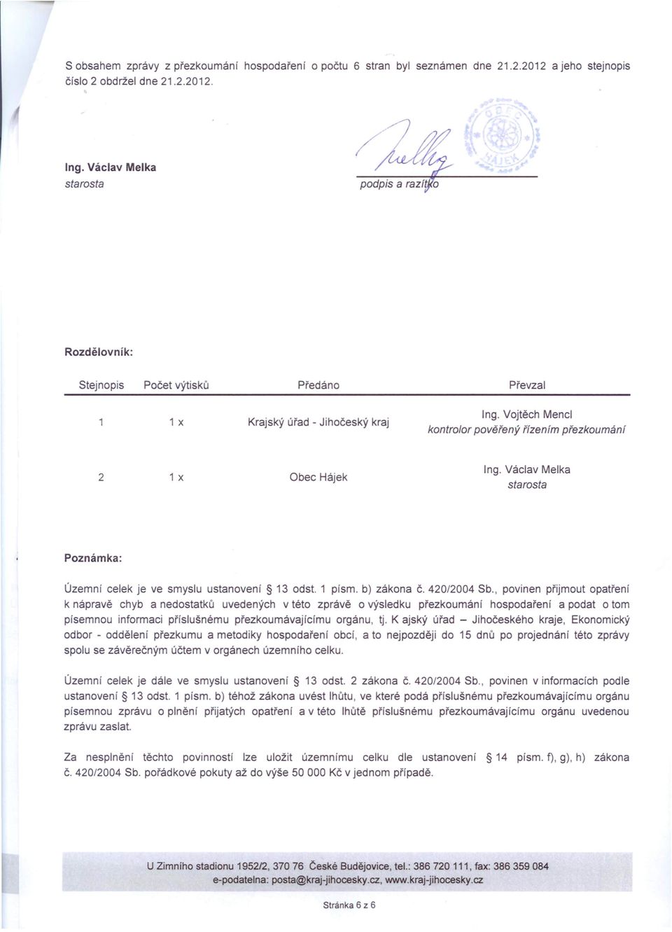 Vojtěch Menci řízením přezkoumání 2 1 x Obec Hájek Ing. Václav Melka starosta Poznámka: Územní celek je ve smyslu ustanovení 13 odst. 1 písmo b) zákona č. 420/2004 Sb.