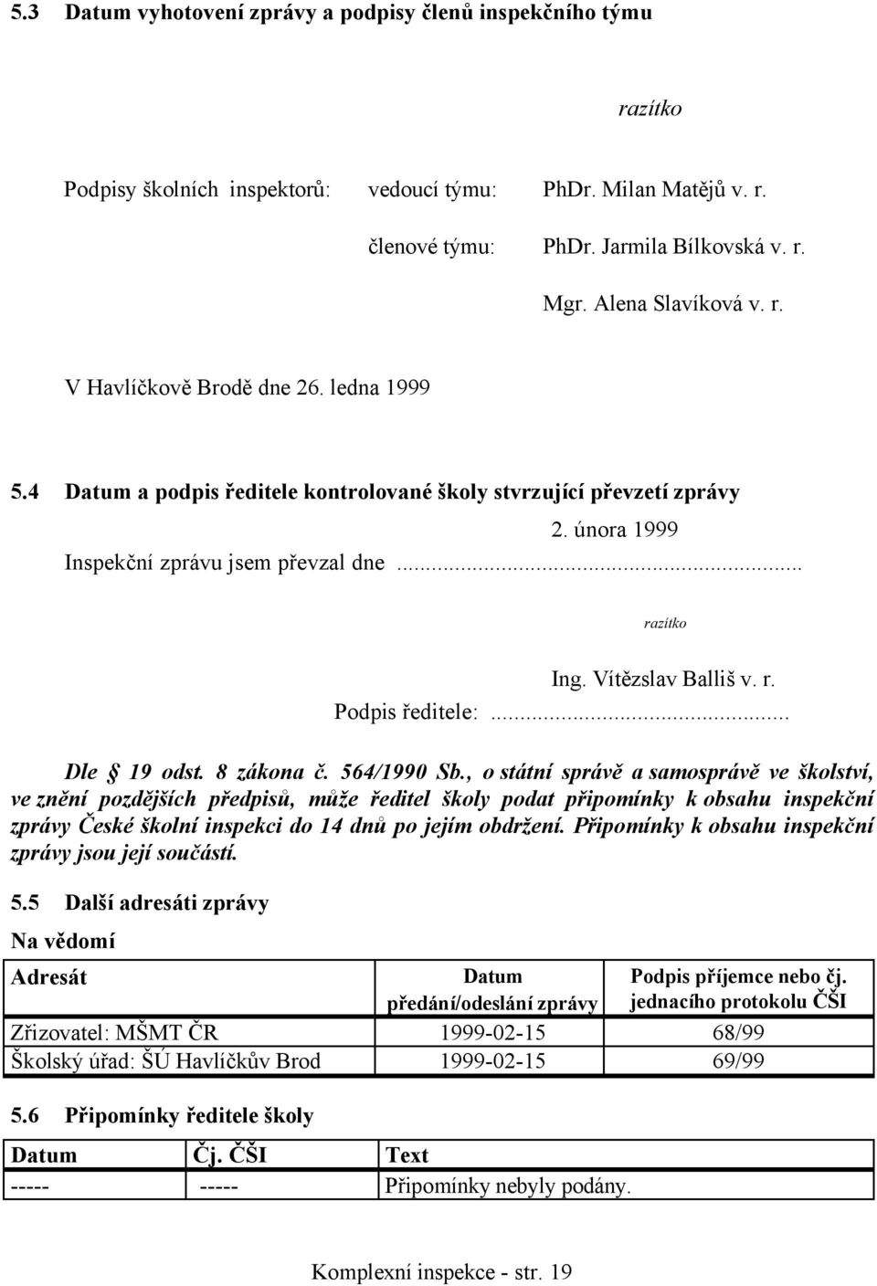 Vítězslav Balliš v. r. Podpis ředitele:... Dle 19 odst. 8 zákona č. 564/1990 Sb.