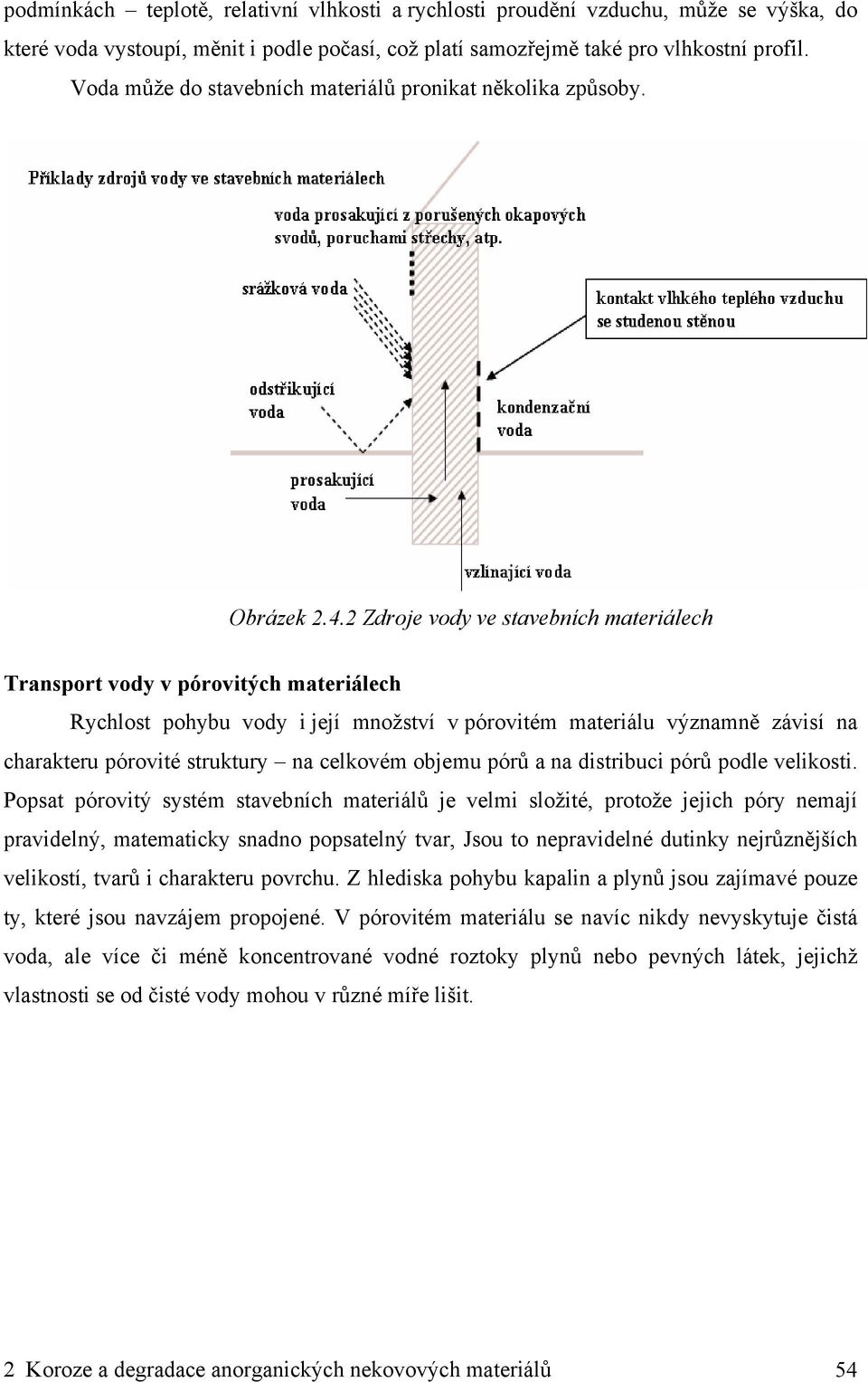 2 Zdroje vody ve stavebních materiálech Transport vody v pórovitých materiálech Rychlost pohybu vody i její množství v pórovitém materiálu významně závisí na charakteru pórovité struktury na celkovém