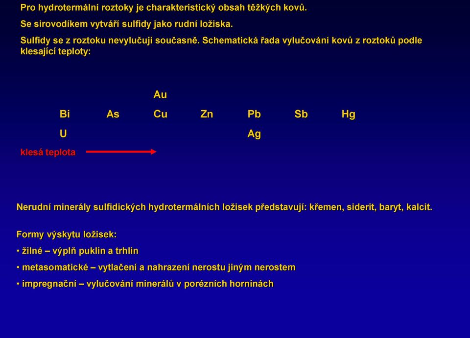 Schematická řada vylučování kovů z roztoků podle klesající teploty: Au Bi As Cu Zn Pb Sb Hg U Ag klesá teplota Nerudní minerály