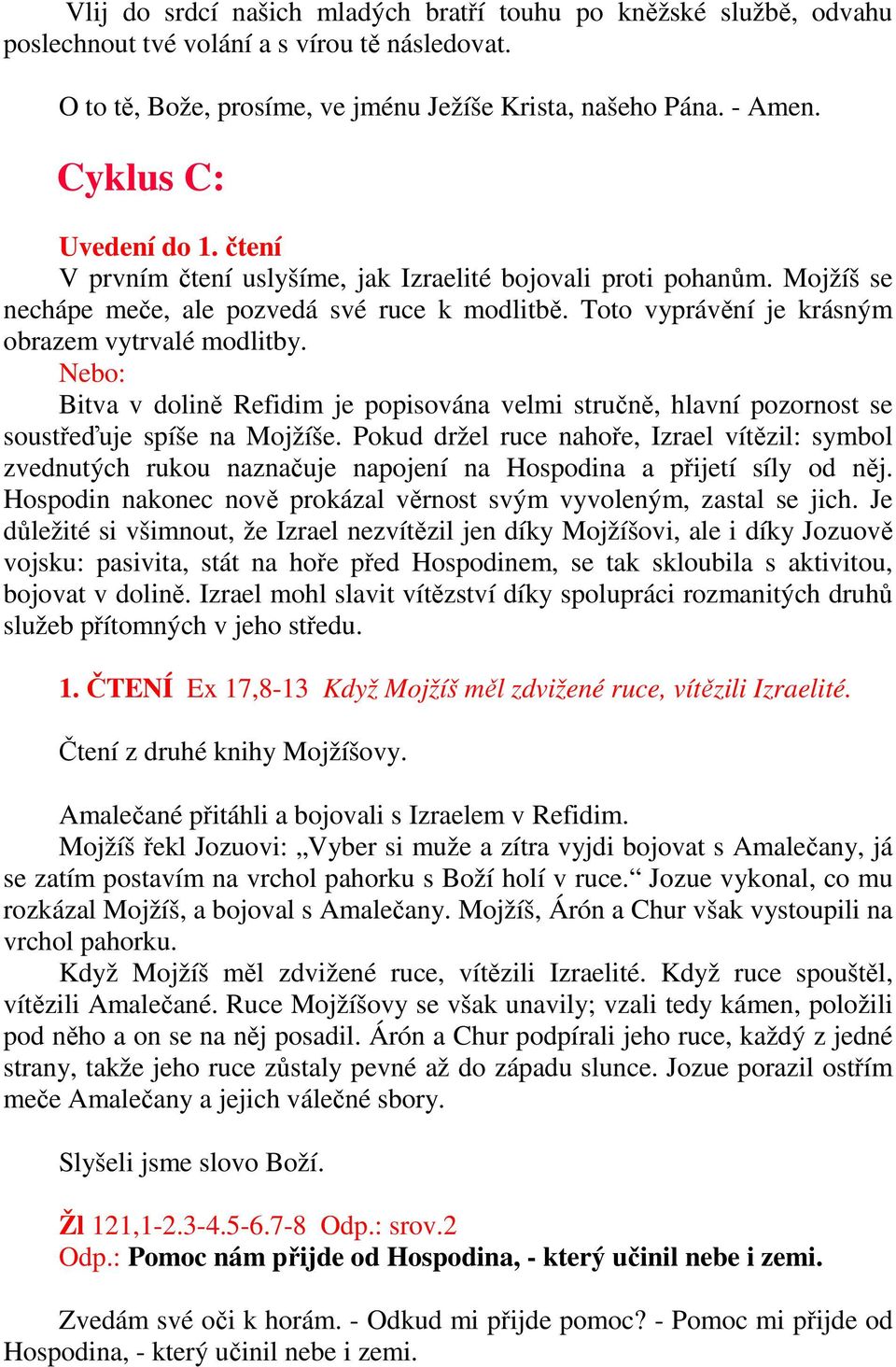 Toto vyprávění je krásným obrazem vytrvalé modlitby. Bitva v dolině Refidim je popisována velmi stručně, hlavní pozornost se soustřeďuje spíše na Mojžíše.